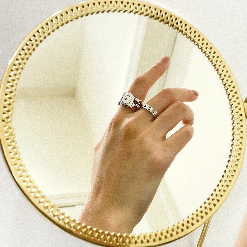 Celestial Band Ring Minimal Delicate Open Adjustable Ring Smile Face Thick Band Ring For Her Ring For Him Moon and Star Silver Ring