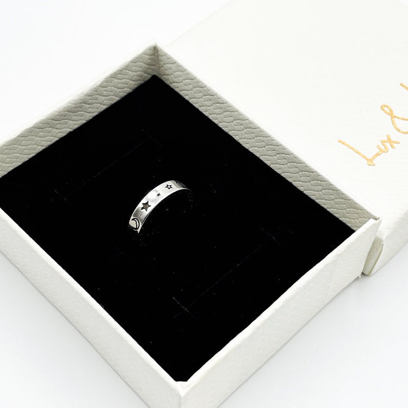 Celestial Band Ring Minimal Delicate Open Adjustable Ring Smile Face Thick Band Ring For Her Ring For Him Moon and Star Silver Ring