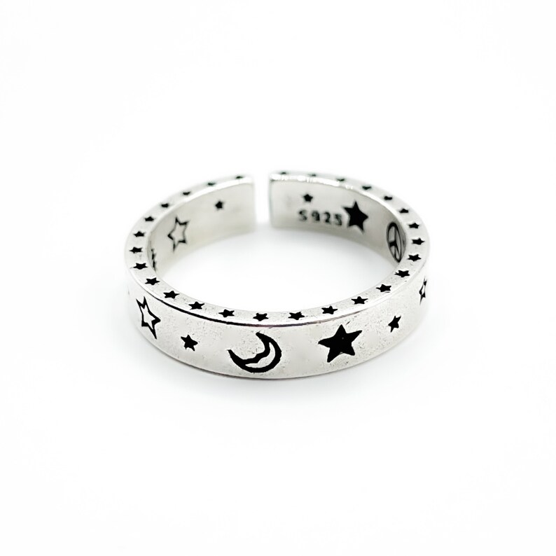 Celestial Band Ring Minimal Delicate Open Adjustable Ring Smile Face Thick Band Ring For Her Ring For Him Moon and Star Silver Ring