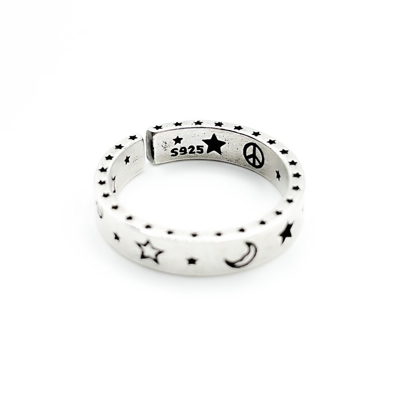 Celestial Band Ring Minimal Delicate Open Adjustable Ring Smile Face Thick Band Ring For Her Ring For Him Moon and Star Silver Ring