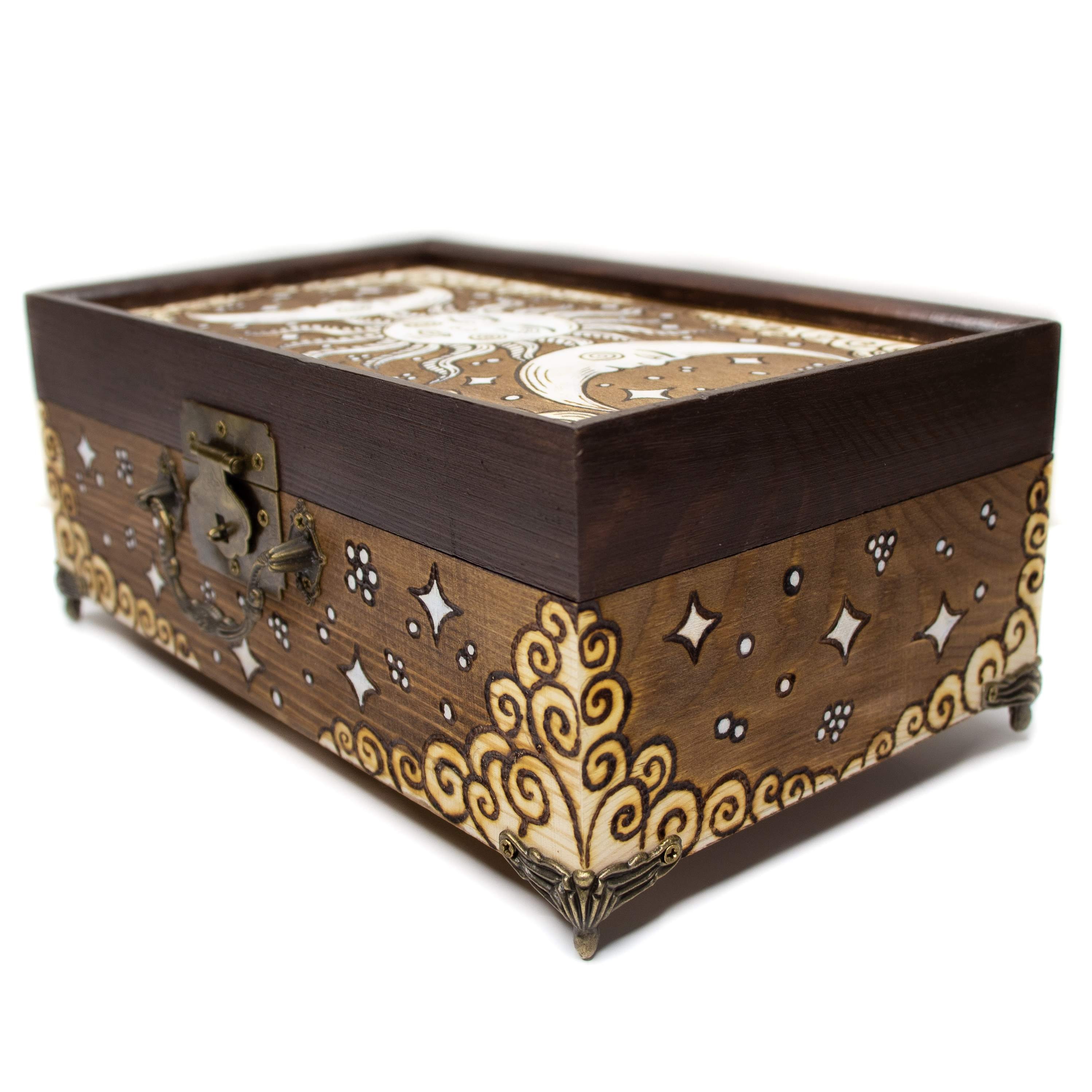 Sun and Moon Wood Jewelry Box Wood Burned Keepsake Box Box Etsy