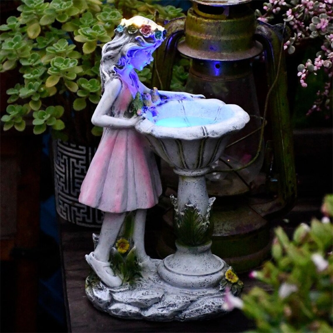 Outdoor Bird Bath Resin Angel Figure Solar Lamp Statue Etsy