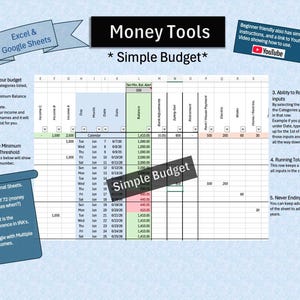 May include: A digital spreadsheet template titled Money Tools Simple Budget for Excel and Google Sheets. The layout includes columns for income, dates, balance, and expenses, with instructional text boxes explaining features like running totals and alerts.