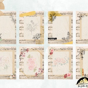 Carta vintage stampabile con note musicali, motivi botanici, 8 immagini digitali, diario spazzatura, album, carta da regalo, cartolina, effimera
