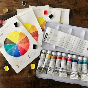 Schmincke Horadam Artistic Watercolor Set 10 Colors (74510) Swatch Color Wheel | Dot Card | Quarter Pan | Half Pan Custom Re-packaging Set