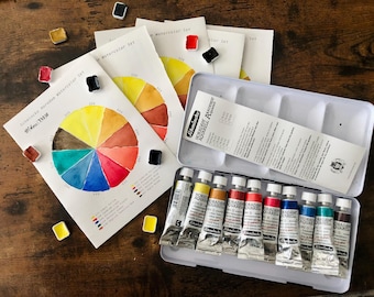 Schmincke Horadam Artistic Watercolor Set 10 Colors (74510) Swatch Color Wheel | Dot Card | Quarter Pan | Half Pan Custom Re-packaging Set