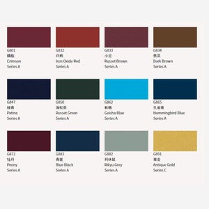 May include: A color chart with 10 paint swatches, each with a different color and a name in both English and Japanese. The colors include crimson, iron oxide red, russet brown, dark brown, patina, russet green, geisha blue, hummingbird blue, peony, blue black, rikyu grey, and antique gold.