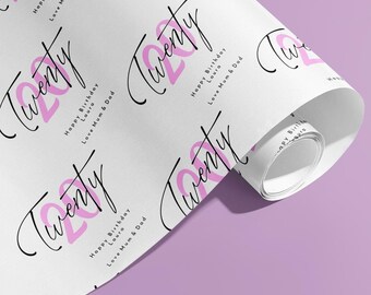 Può includere: Carta da regalo bianca con un motivo ripetuto rosa e nero della parola "Twenty" con il testo "Happy Birthday Love Mum & Dad".