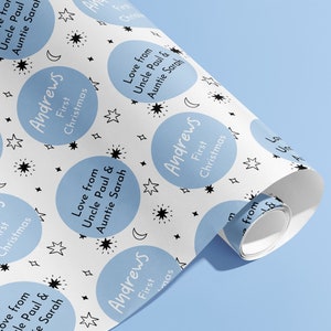 Carta da imballaggio natalizia personalizzata 1st, confezione regalo, personalizzata, neonato, nuovo bambino, baby shower, celebrazione, ragazzo, blu, carta, festivo