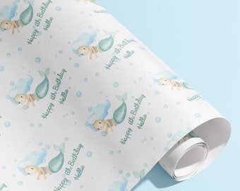 Personalised Birthday Gift Wrap, Names, Wrapping Paper, Mermaid, Water, Customised, Sea, Party, Baby, Children, Gifts, Presents, Blue