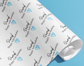 May include: White wrapping paper with a repeating pattern of blue hearts and the text "David Happy 30th Birthday".