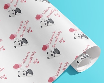 Personalised New Born Gift Wrap, Names, Wrapping Paper, Hearts, Panda, Customised, Animals, Party, Baby, Children, Gifts, Presents, Pink