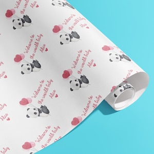 Personalised New Born Gift Wrap, Names, Wrapping Paper, Hearts, Panda, Customised, Animals, Party, Baby, Children, Gifts, Presents, Pink