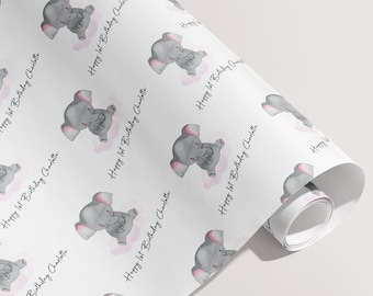 Personalised New Born Gift Wrap, Names, Wrapping Paper, Elephant, Hearts, Customised, Animals, Party, Baby, Children, Gifts, Presents, Pink