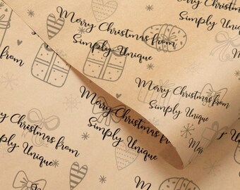 May include: Brown wrapping paper with a repeating pattern of hand-drawn illustrations of presents, bows, hearts, and snowflakes. The text "Merry Christmas from Simply Unique" is repeated throughout the paper.