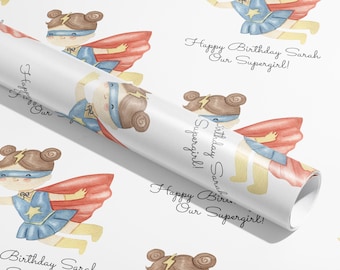 Personalised Birthday Gift Wrap, Wrapping Paper, Super hero, Your Name, Customised, Girl, Paper, Your Age, Pattern, Eco friendly, Recyclable
