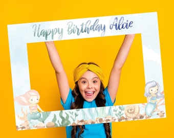 Happy Birthday Selfie Frame, Personalised, Selfie Board, Decoration, Mermaid, Photobooth Props, Custom, Cutout kids Birthday Party Frame