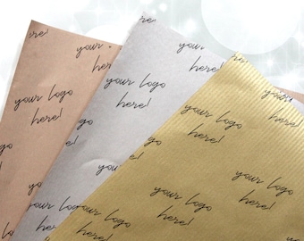 May include: Four sheets of brown, beige, and gold wrapping paper with the text "your logo here!" printed on them.