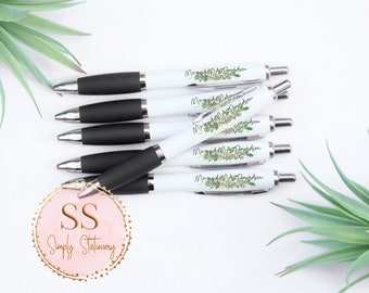 Personalised Wedding Favour Printed Pens, Bridesmaid Gift, Maid of Honour, Mother of Bride, Hen Party, Green, Floral, Ballpoint Pencil