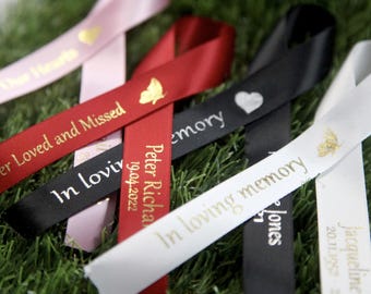 Personalised Memorial Funeral Ribbons, Satin Bow, Church, Clothes Pin Lapel, Remembrance Service, In Loving Memory, Favour, Keepsake, Love