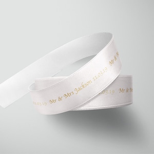 Cinta personalizada de 15mm. Cinta de la boda del satén, su fecha de los nombres, oro, oro rosa, cualquier envoltura de color, regalo, marca de negocios