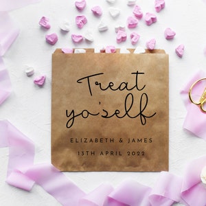 Gepersonaliseerde papieren zoete tassen traktatie tassen, bruiloft zoete kar, cake, bruin of wit, kraft, bruiloft briefpapier, trakteren yo'self, popcorn