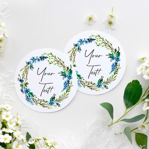 Personalised Round Wedding Stickers, Your Text, Blue Floral Wreath, Mr Mrs, Sweet Cart Stickers, Label, Rose Gold Blush, Confetti