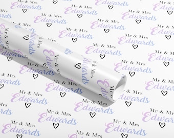 Personalised, Mr & Mrs, Surname, Wrapping Paper, Gift Wrap, Customised, Wedding, Party, Engagement, Couples, Newly Weds, Anniversary, Paper