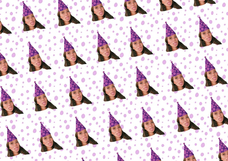 May include: A repeating pattern of a woman wearing a purple party hat with a white background and purple polka dots.