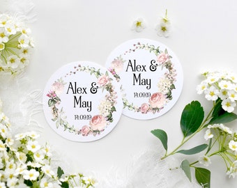 Personalised Round Wedding Stickers, Your Text, Foliage, Blush Floral Wreath, Rustic Wedding, Mr Mrs, Sweet Cart Stickers, Label