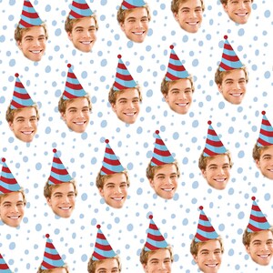 May include: A repeating pattern of a person's face wearing a red and blue striped party hat on a white background with blue polka dots.