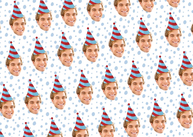 May include: A repeating pattern of a person's face wearing a red and blue striped party hat on a white background with blue polka dots.