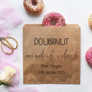 Gepersonaliseerde papieren zoete zakken traktatie tassen, bruiloft zoete kar, cake, bruin of wit, kraft, briefpapier, donut, popcorn, dank u, bruiloft
