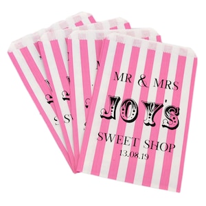 Gepersonaliseerde papieren zoete zakken gestreepte traktatie tassen, bruiloft zoete kar, cake, bruin of wit, kraft, briefpapier, liefde is zoet, popcorn, snoep