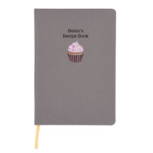 May include: Grey linen-covered recipe book with a cupcake illustration and the text "Helen's Recipe Book" on the front.