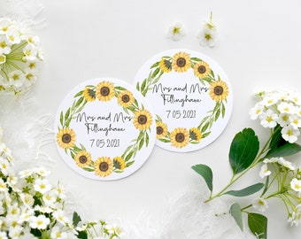 Personalised Round Wedding Stickers, Your Text, Sunflower Floral Wreath, Rustic Wedding, Mr Mrs, Sweet Cart Stickers, Label, Birthday, Hen