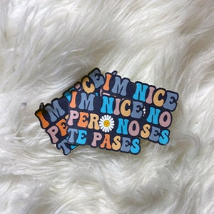 May include: A sticker with the text "I'm nice; no pero noses te pases" in a rainbow color scheme with a daisy in the middle. The sticker is on a white fluffy surface.