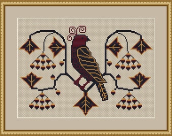 Cross stitch pattern primitive bird Folk Art Embroidery design Sampler primitive Easy Cross Stitch PDF instant download