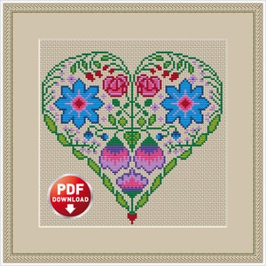 Cross stitch pattern Floral heart Folk Art flower embroidery design Sampler primitive Easy Cross Stitch PDF instant download