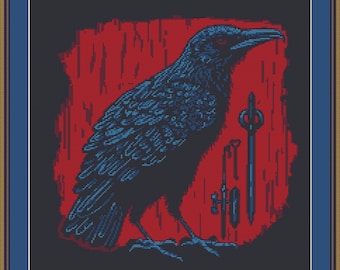 May include: A blue raven against a red background with a keyhole design. The raven is perched on a branch with its wings spread out.