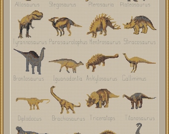 Korsstygnsmönster med dinosaurier: Set med 20 dinosauriedesigner (PDF-nedladdning)