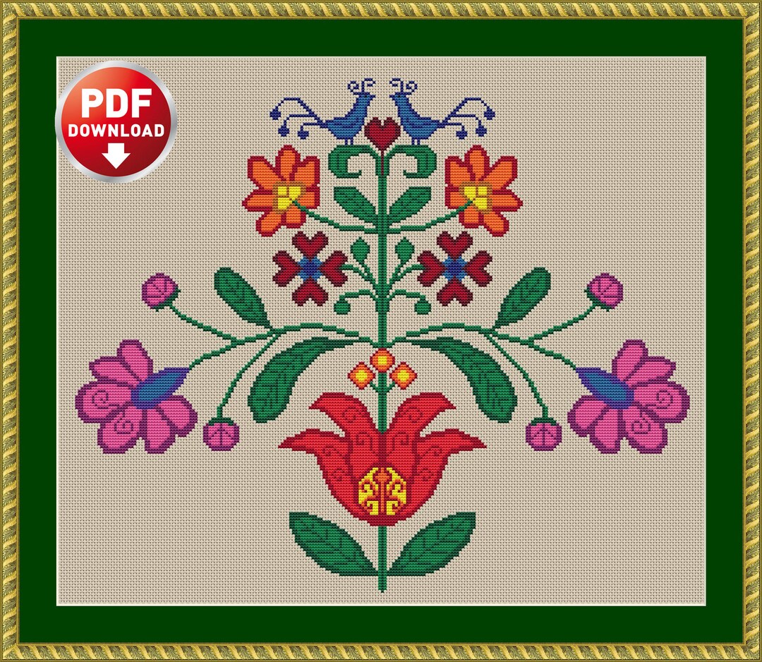 Cross Stitch Pattern Bouquet With Birds Instantly Download Pdf Folk Art ...