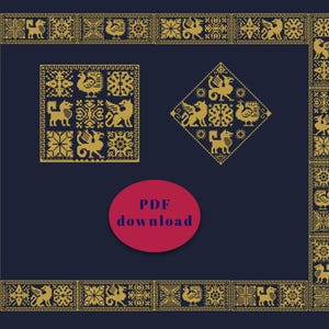 May include: Digital download featuring gold-coloured, stylised animal and geometric patterns on a dark blue background. The design includes a square frame and two central motifs, with a red circle that says "PDF download".