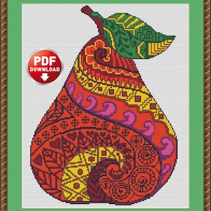 Cross stitch pattern Pear Mandala. Fruit embroidery instant download PDF. Simple cross stitch