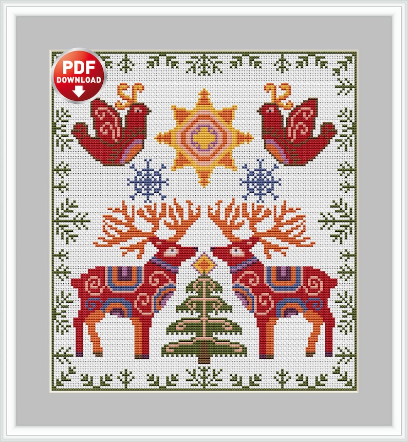 Winter Deer Cross Stitch Pattern Folk Christmas Ornaments Scandinavian ...