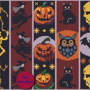 Puede incluir: Un conjunto de ocho patrones de punto de cruz con temática de Halloween que representan un esqueleto, una bruja, una calabaza, un gato, una calavera, un búho, un murciélago y un gato negro. Los patrones son de estilo pixelado y son perfectos para proyectos de punto de cruz.
