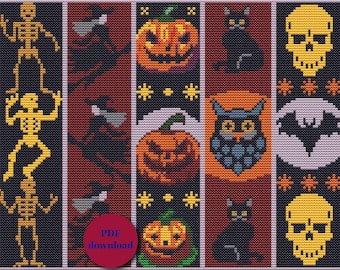 Halloween Cross Stitch Bookmark Pattern Bundle, Spooky Skeleton, Pumpkin, Bat Designs (PDF Download) Reader gift