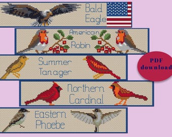 Birds of America Cross Stitch Bookmark Pattern: Easy Beginner Embroidery (PDF Download)