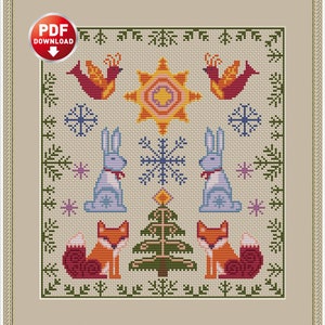 Scandinavian design Christmas ornament cross stitch folk art pattern Woodland animals embroidery PDF Instant Download