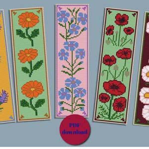 Floral bookmark set cross stitch pattern download PDF handmade bookmark, Book lover gift, bookmarks for women